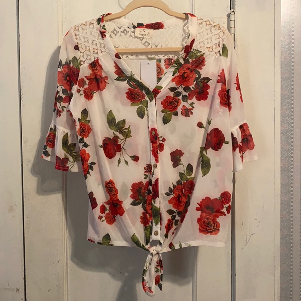 Pretty Romantic Roses little sheer with lace tie up top. Size L.